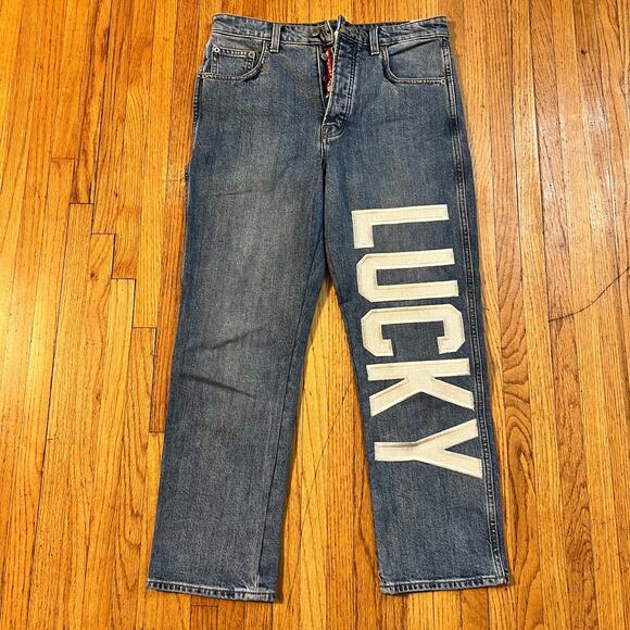 Lucky Jeans Womens 28 Spellout Straight Dungaree Button Fly Blue Denim crop - Picture 1 of 11